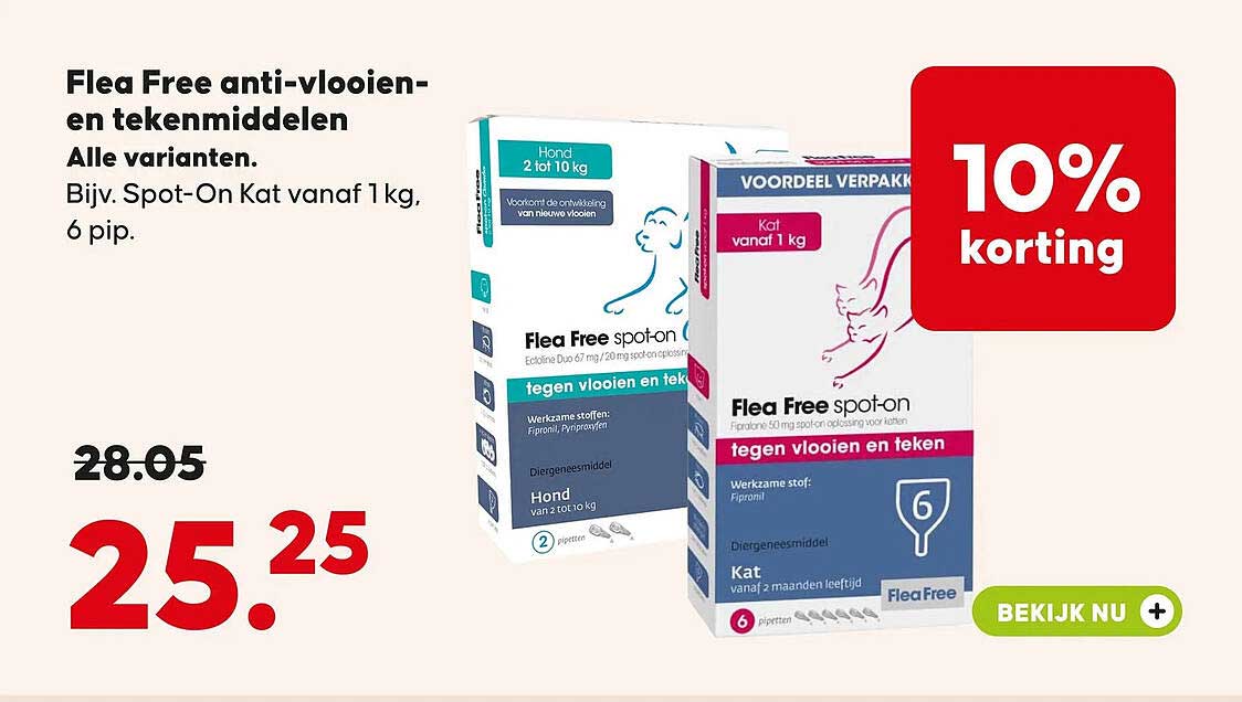 Flea Free anti-vlooien- en tekenmiddelen Alle varianten. Bijv. Spot-On Kat vanaf 1 kg, 6 pip. 10% korting