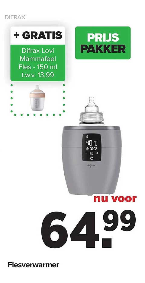Flesverwarmer + GRATIS Difrax Lovi Mammafles Fles - 150 ml t.w.v. 13,99