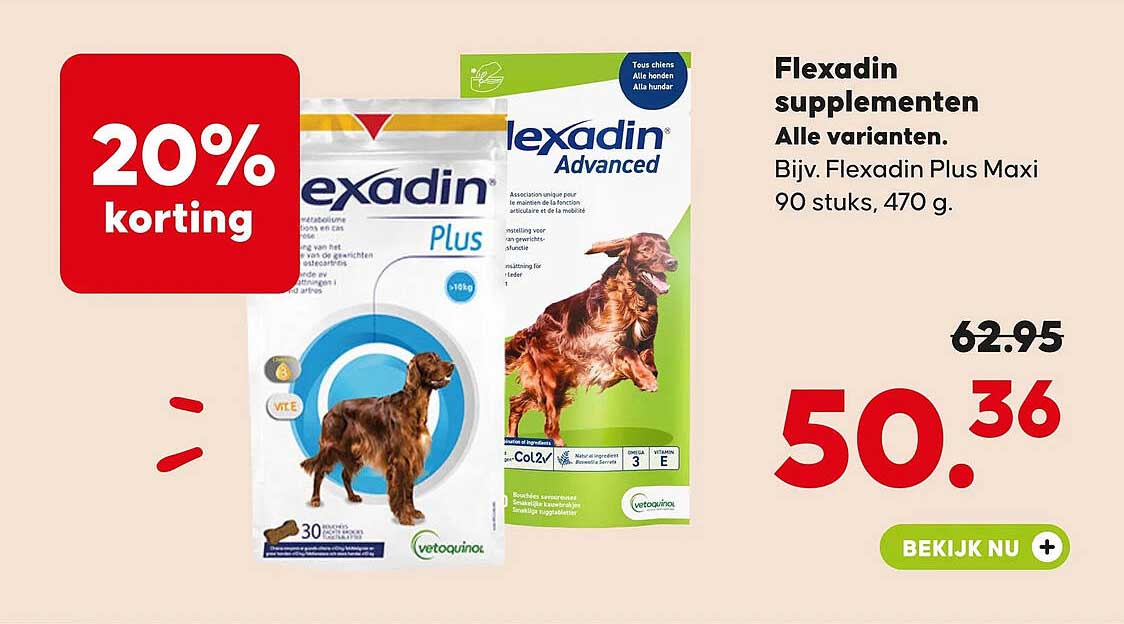 Flexadin supplementen Alle varianten. Bijv. Flexadin Plus Maxi 90 stuks, 470 g. 20% korting