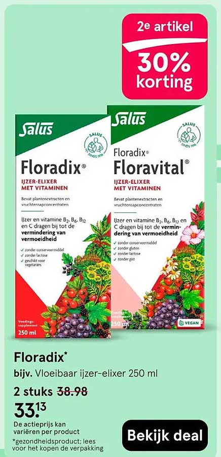 Floradix* bijv. Vloeibaar ijzer-elixer 250 ml 2 stuks 38.98 2e artikel 30% korting