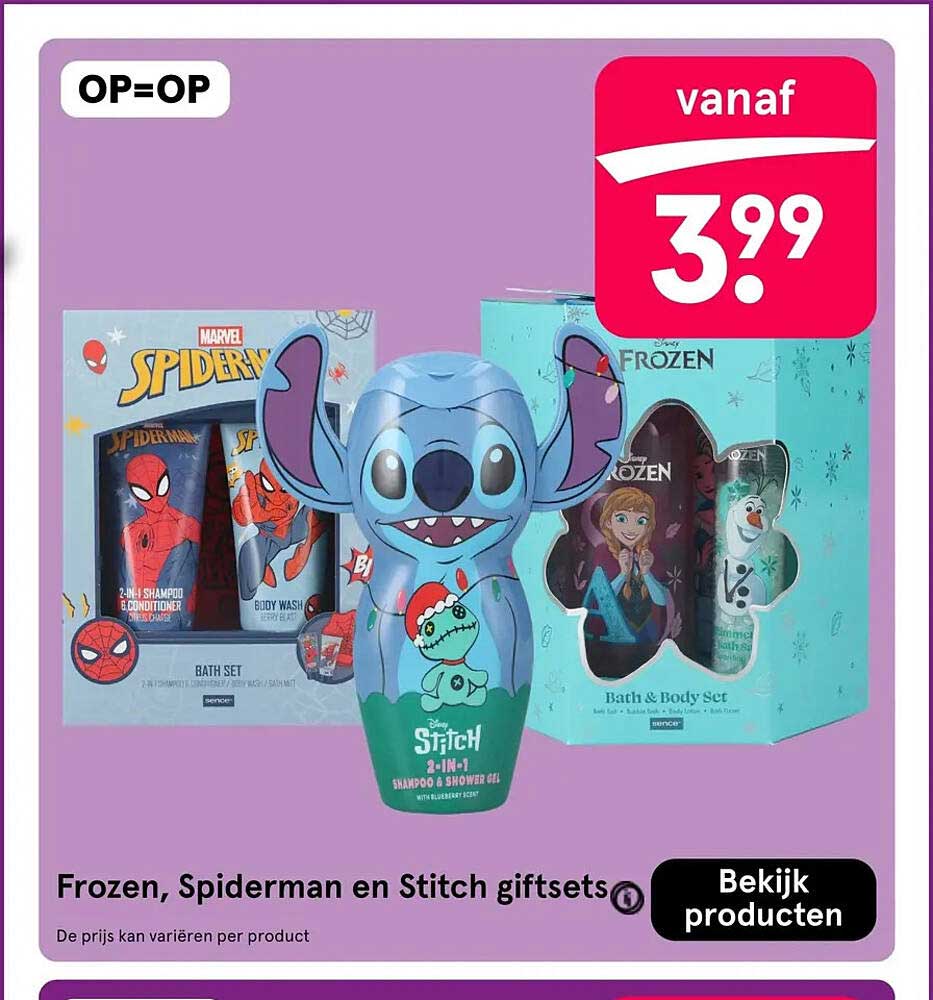 Frozen, Spiderman en Stitch giftsets