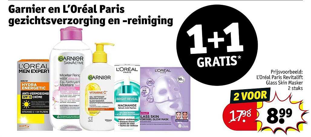 Garnier en L’Oréal Paris gezichtsverzorging en -reiniging 1+1 gratis