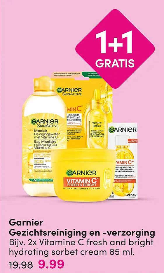 Garnier Gezichtsreiniging en -verzorging Bijv. 2x Vitamine C fresh and bright hydrating sorbet cream 85 ml. 1+1 GRATIS