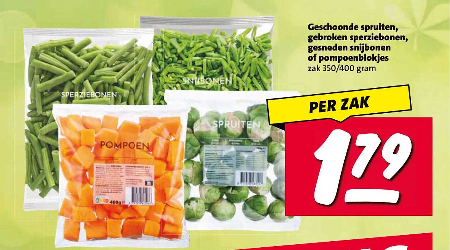 Geschonode spruiten, gebroken sperziebonen, gesneden snijbonen of pompoenblokjes zak 350/400 gram PER ZAK