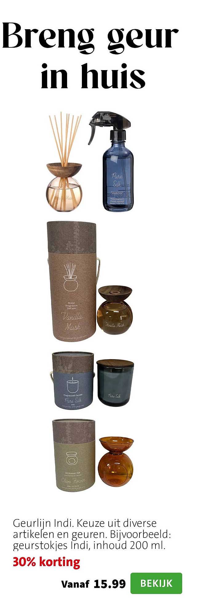 Geurlijn Indi. Keuze uit diverse artikelen en geuren. Bijvoorbeeld: geurstokjes Indi, inhoud 200 ml. 30% korting