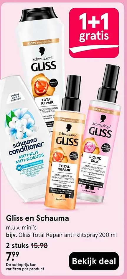Gliss en Schauma m.u.v. mini’s bijv. Gliss Total Repair anti-klitspray 200 ml 1+1 gratis