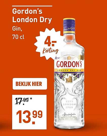 Gordon's London Dry Gin, 70 cl 4,- korting