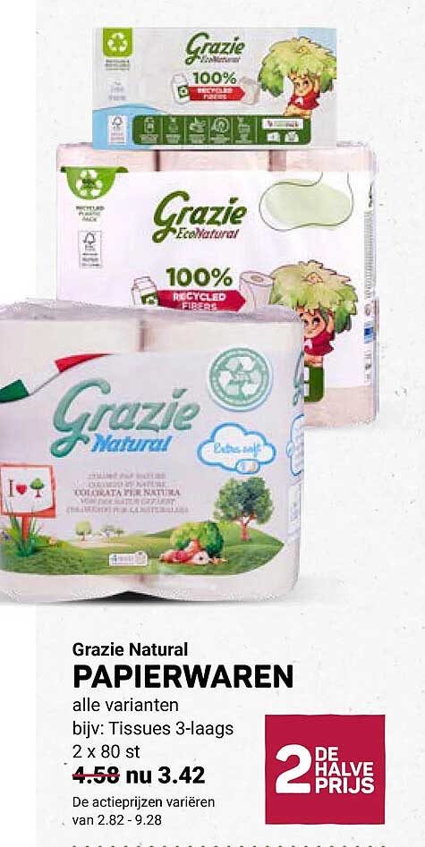Grazie Natural PAPIERWAREN alle varianten bijv: Tissues 3-laags 2 x 80 st 2e halve prijs