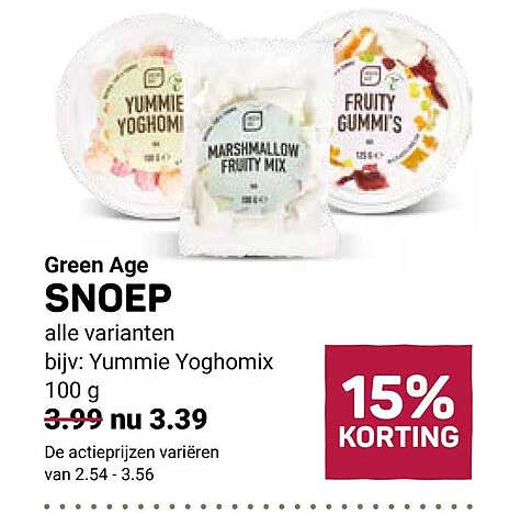 Green Age SNOEP alle varianten, bijv: Yummie Yoghomix 100 g 15% KORTING