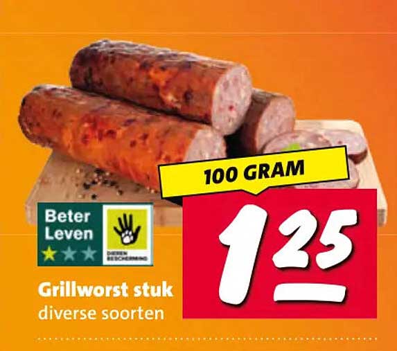 Grillworst stuk diverse soorten 100 GRAM