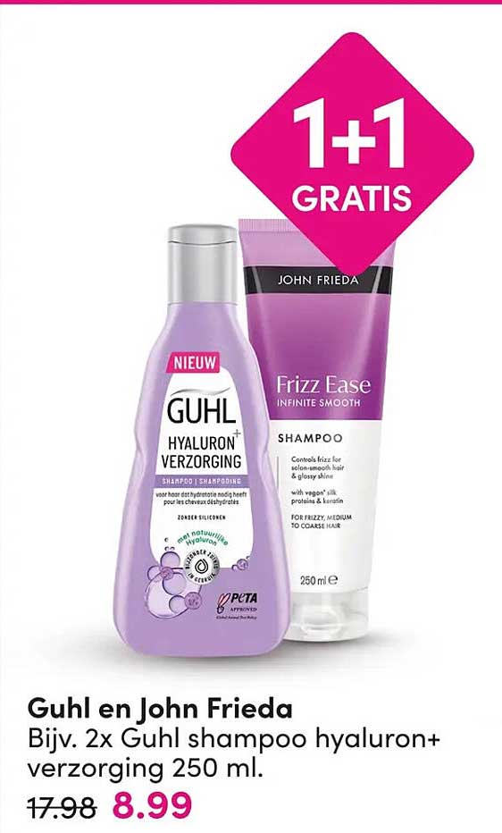 Guhl en John Frieda Bijv. 2x Guhl shampoo hyaluron+ verzorging 250 ml. 1+1 GRATIS