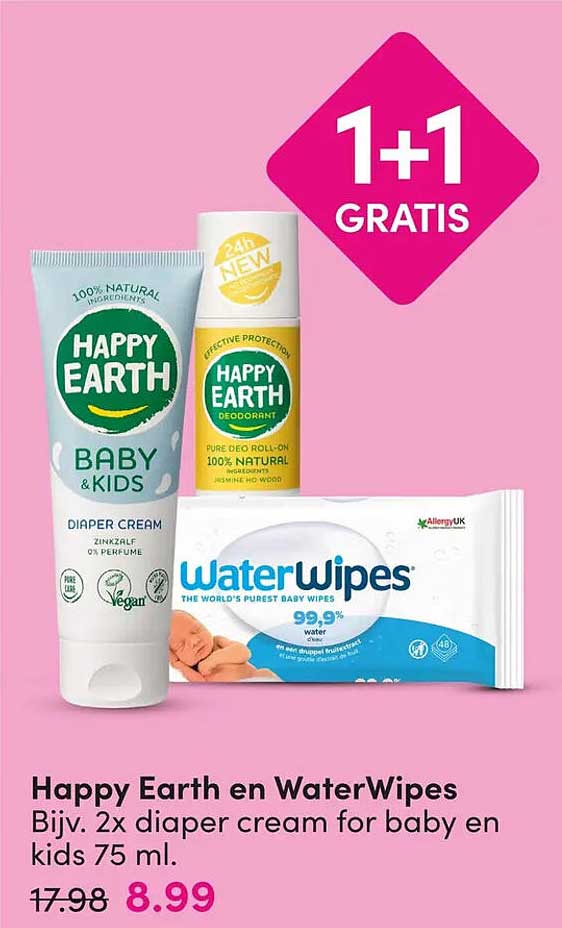 Happy Earth en WaterWipes Bijv. 2x diaper cream for baby en kids 75 ml. 1+1 GRATIS