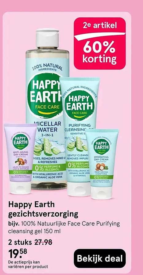 Happy Earth gezichtsverzorging 2e artikel 60% korting