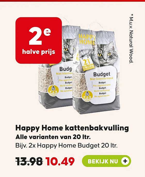 Happy Home kattenbakvulling Alle varianten van 20 ltr. Bijv. 2x Happy Home Budget 20 ltr. 2e halve prijs