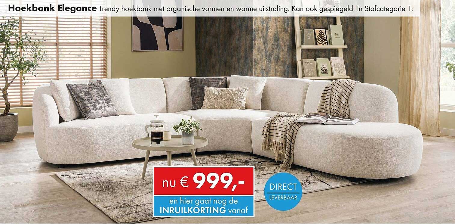 Hoekbank Elegance Trendy hoekbank met organische vormen en warme uitstraling. Kan ook gespiegeld. In Stoffcategorie 1: