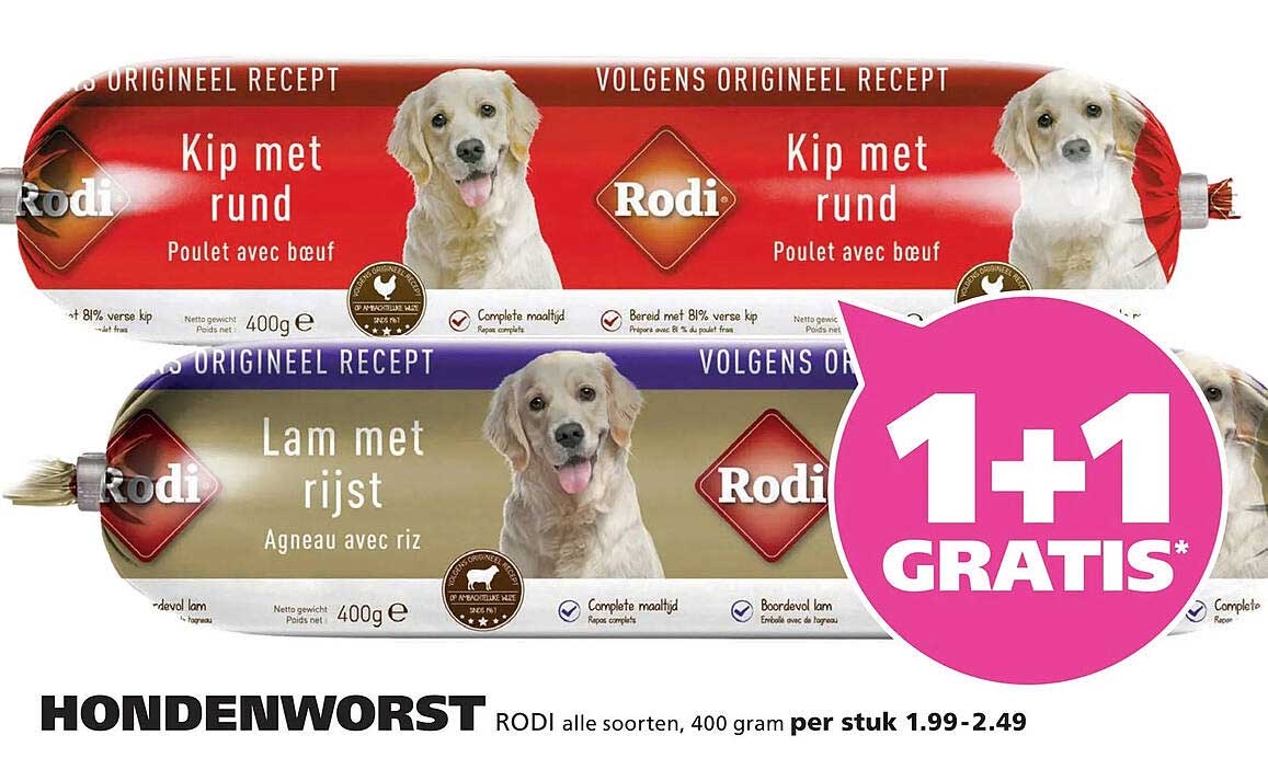 HONDENWORST RODI alle soorten, 400 gram per stuk 1.99-2.49 1+1 GRATIS*