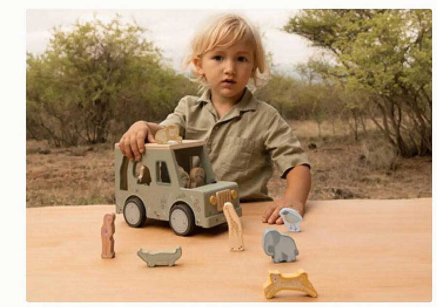 Houten safari auto met dieren