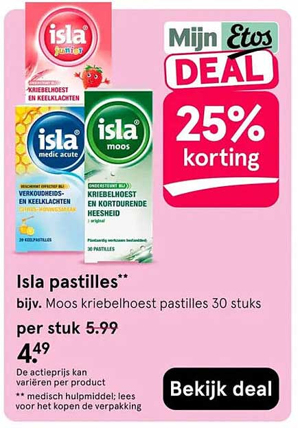 Isla pastilles** bijv. Moos kriebelhoest pastilles 30 stuks 25% korting