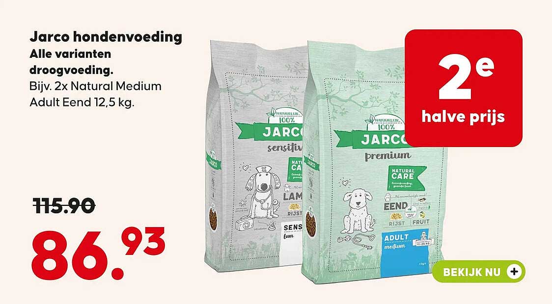 Jarco hondenvoeding Alle varianten droogvoeding. Bijv. 2x Natural Medium Adult Eend 12,5 kg. 2e halve prijs