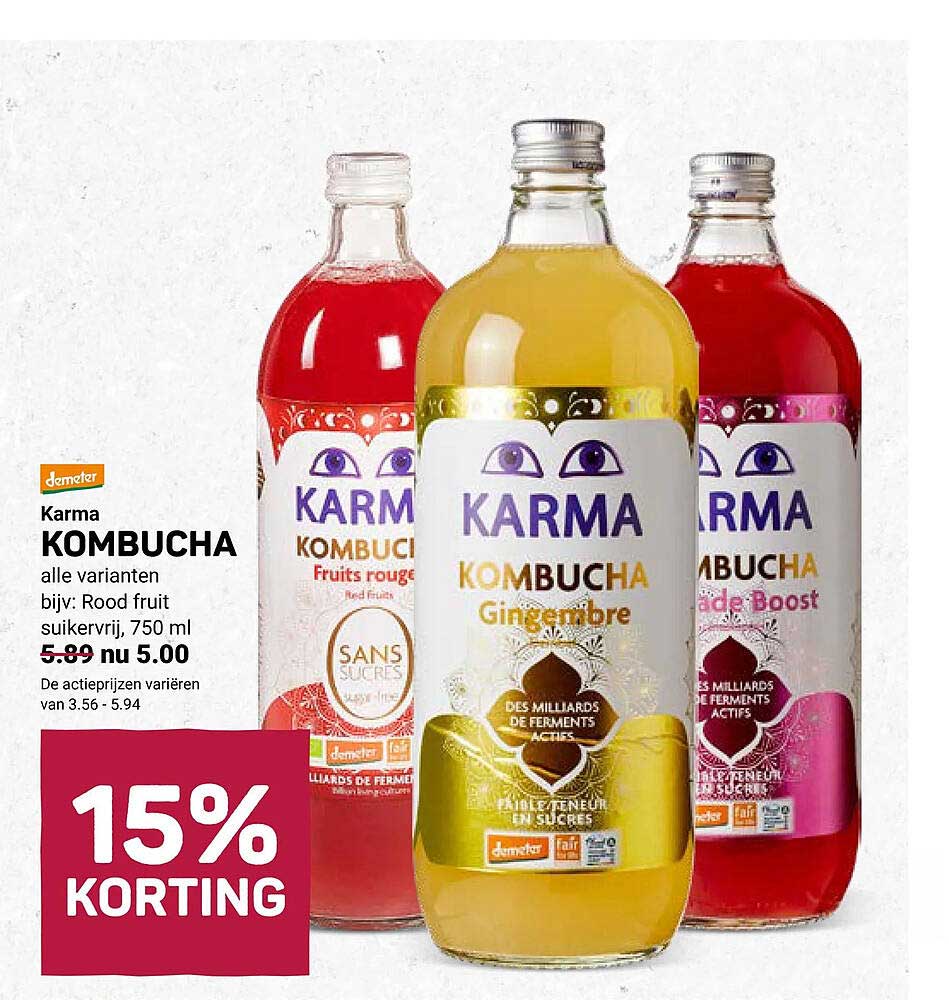 Karma Kombucha alle varianten bijv: Rood fruit suikervrij, 750 ml 15% korting