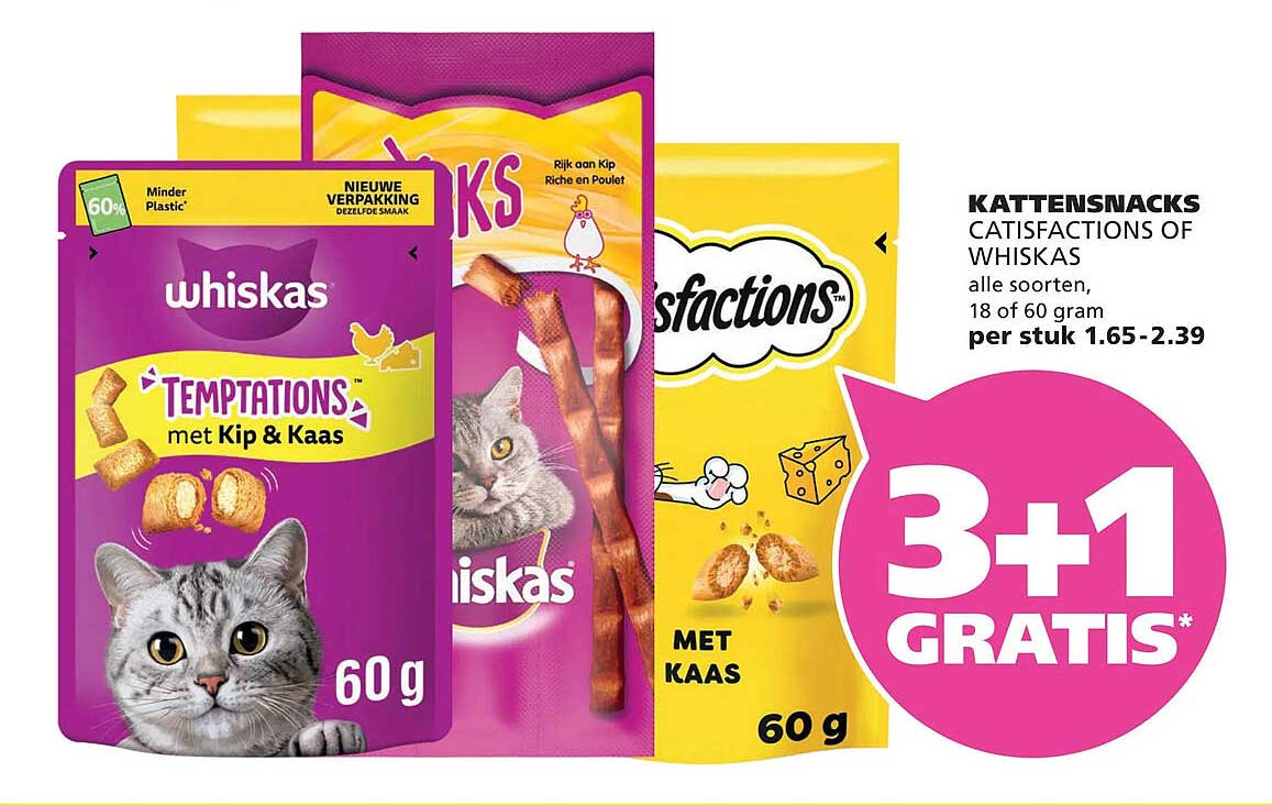 Kattensnacks Catisfactions of Whiskas alle soorten, 3+1 gratis