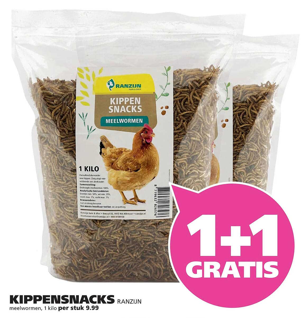 Kippensnacks meelwormen, 1 kilo per stuk 9.99 1+1 gratis