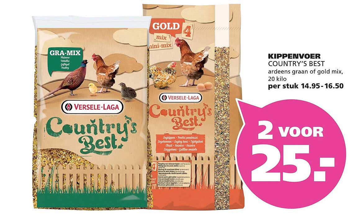 KIPPENVOER COUNTRY'S BEST ardeens graan of gold mix, 20 kilo 2 voor 25,-