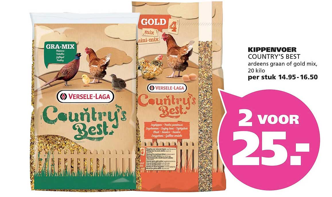 KIPPENVOER COUNTRY’S BEST ardeens graan of gold mix, 20 kilo 2 voor 25,-
