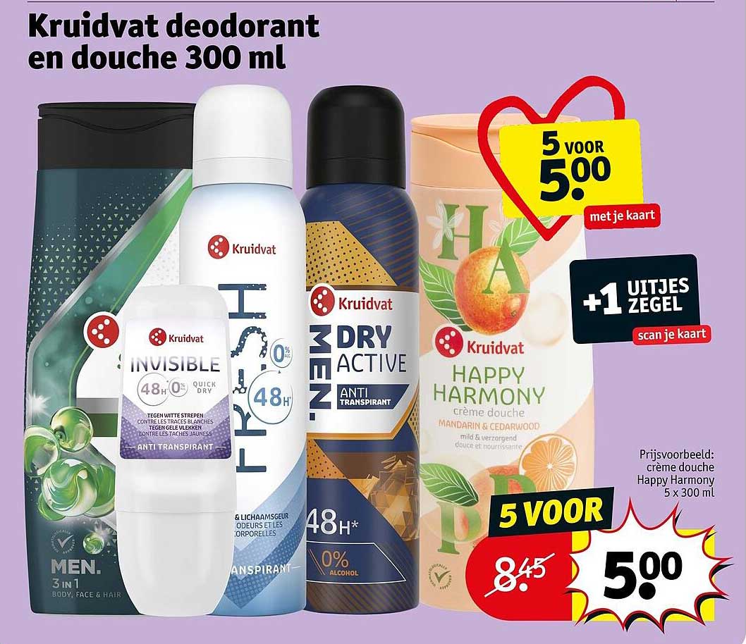 Kruidvat deodorant en douche 300 ml 5 voor 5.00 met je kaart
