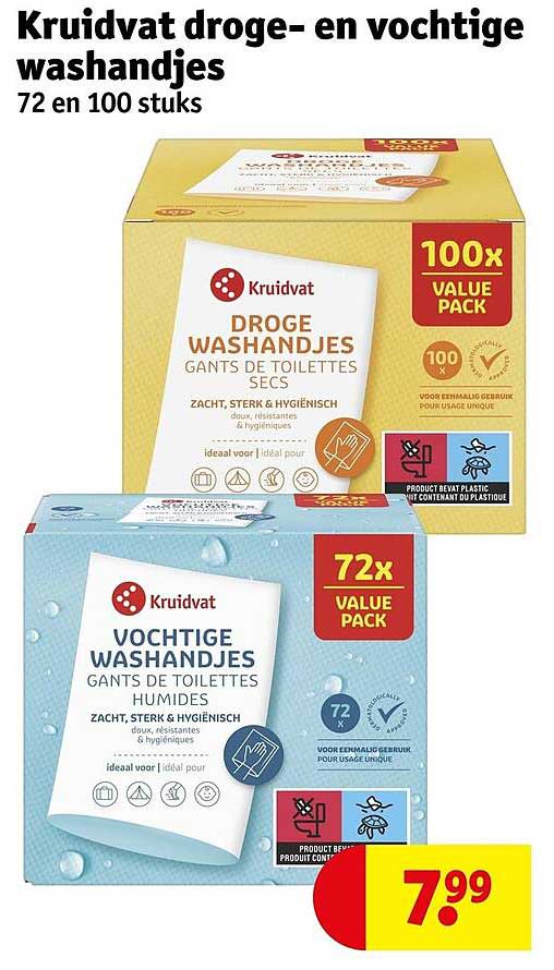 Kruidvat droge-en vochtige washandjes 72 en 100 stuks