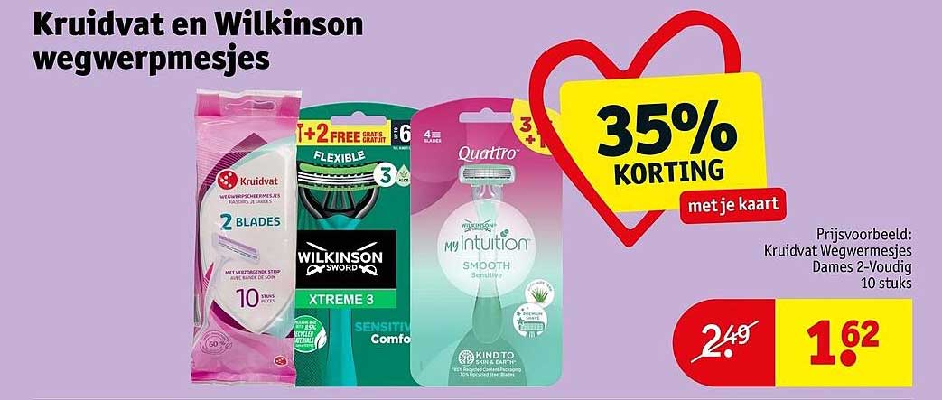 Kruidvat en Wilkinson wegwerpmesjes 35% korting met je kaart