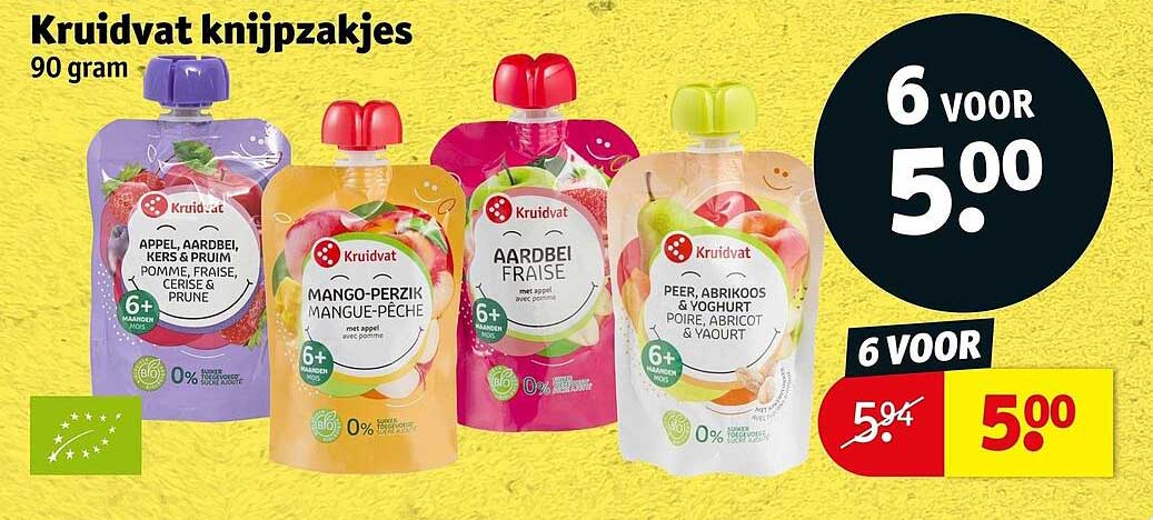Kruidvat knijpzakjes 90 gram 6 voor 5.00