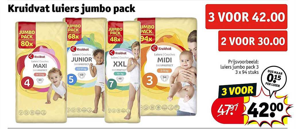 Kruidvat luiers jumbo pack 3 voor 42.00