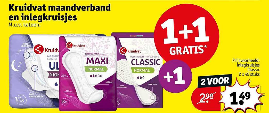 Kruidvat maandverband en inlegkruisjes M.u.v. katoen. 1+1 GRATIS*