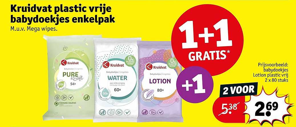 Kruidvat plastic vrije babdoekjes enkelpak 1+1 GRATIS
