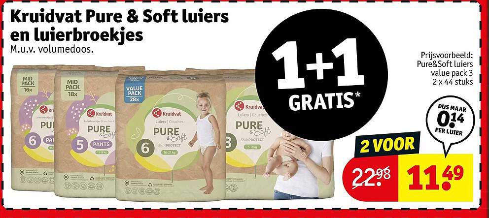 Kruidvat Pure & Soft luiers en luierbroekjes 1+1 GRATIS