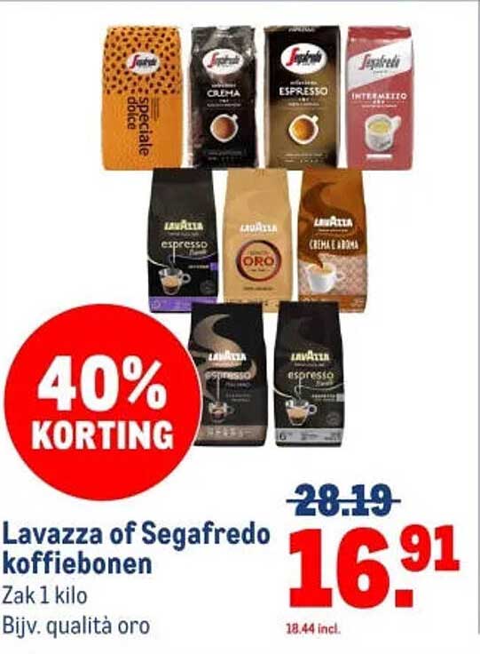 Lavazza of Segafredo koffiebonen Zak 1 kilo Bijv. qualita oro 40% KORTING