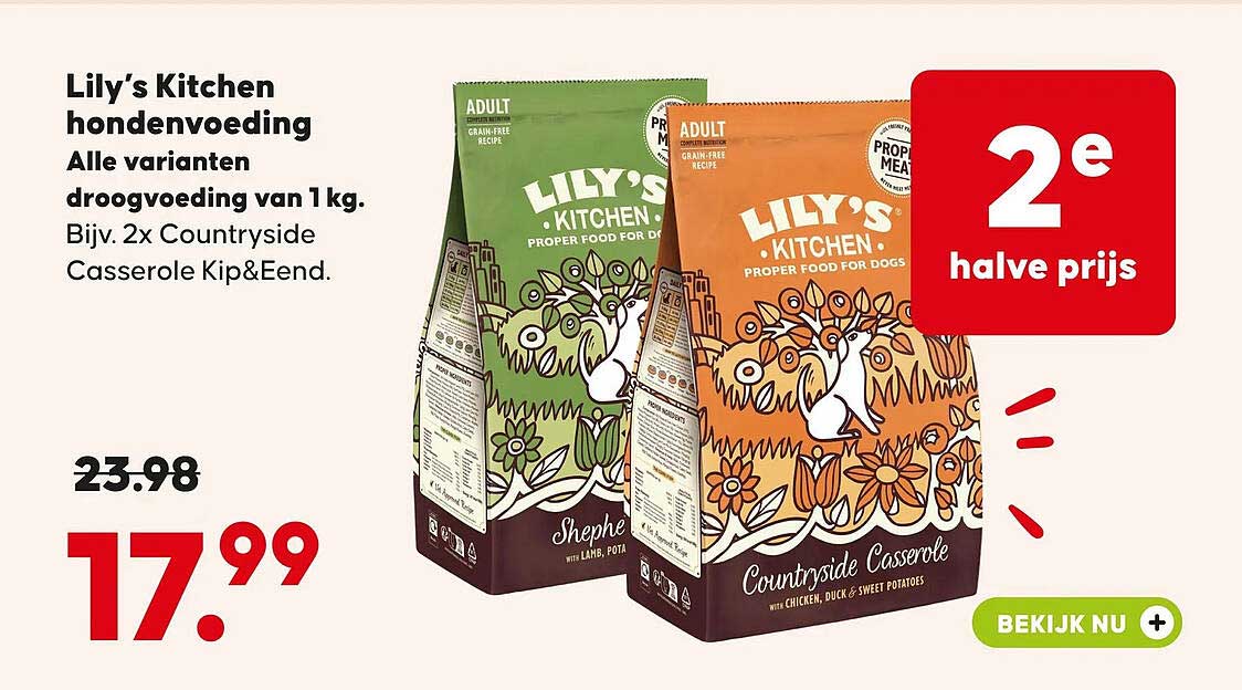 Lily’s Kitchen hondenvoeding Alle varianten droogvoeding van 1 kg. Bijv. 2x Countryside Casserole Kip&Eend. 2e halve prijs