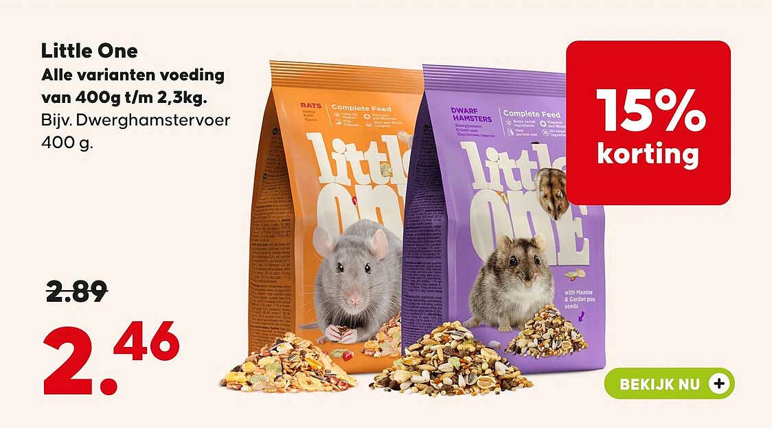 Little One Alle varianten voeding van 400g t/m 2,3kg. Bijv. Dwerghamstervoer 400 g. 15% korting