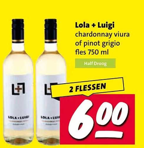 Lola + Luigi chardonnay viura of pinot grigio fles 750 ml Half Droog 2 FLESSEN