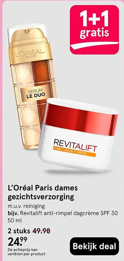 L’Oréal Paris dames gezichtsverzorging 1+1 gratis