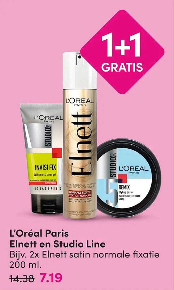 L'Oréal Paris Elnett en Studio Line Bijv. 2x Elnett satin normale fixatie 200 ml. 1+1 GRATIS