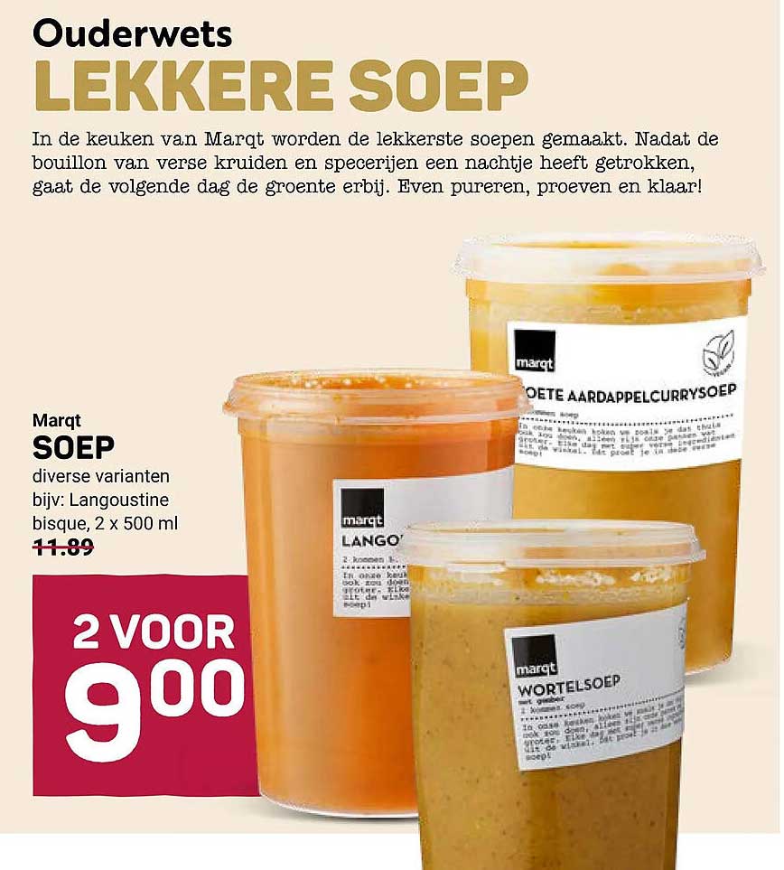 Marqt SOEP diverse varianten bijv: Langoustine bisque, 2 x 500 ml