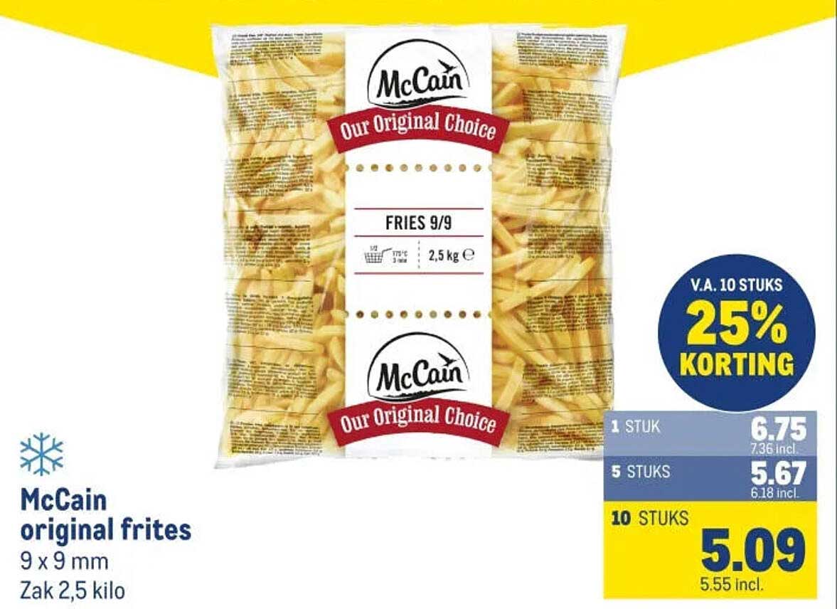 McCain original frites 9 x 9 mm Zak 2,5 kilo V.A. 10 STUKS 25% KORTING
