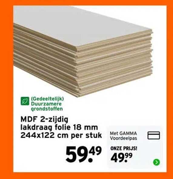 MDF 2-zijdig lakdraag folie 18 mm 244x122 cm per stuk