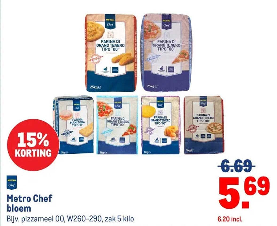 Metro Chef bloem Bijv. pizzameel 00, W260-290, zak 5 kilo 15% korting
