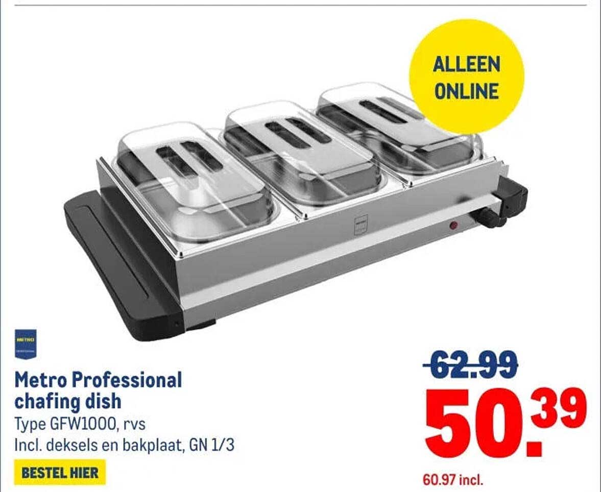 Metro Professional chafing dish Type GFW1000, rvs Incl. deksels en bakplaat, GN 1/3