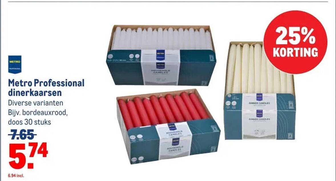Metro Professional dinerkaarsen Diverse varianten Bijv. bordeauxrood, doos 30 stuks 25% KORTING