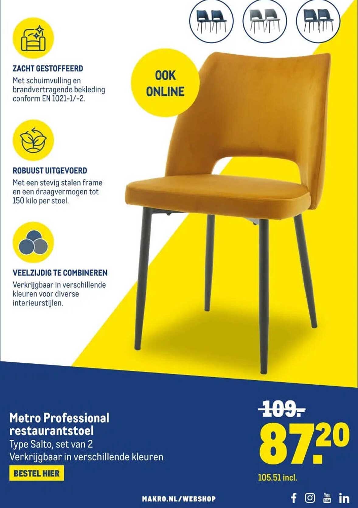 Metro Professional restaurantstoel Type Salto, set van 2 Verkrijgbaar in verschillende kleuren