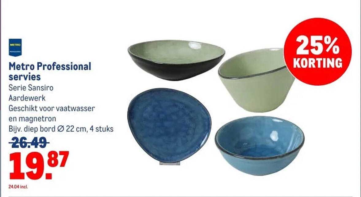 Metro Professional servies Serie Sansiro Aardewerk Geschikt voor vaatwasser en magnetron Bijv. diep bord Ø 22 cm, 4 stuks 25% KORTING